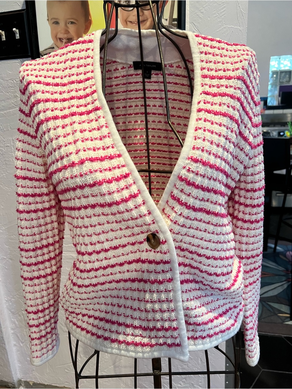 Ann Taylor Pink and White Striped Knit Cardigan